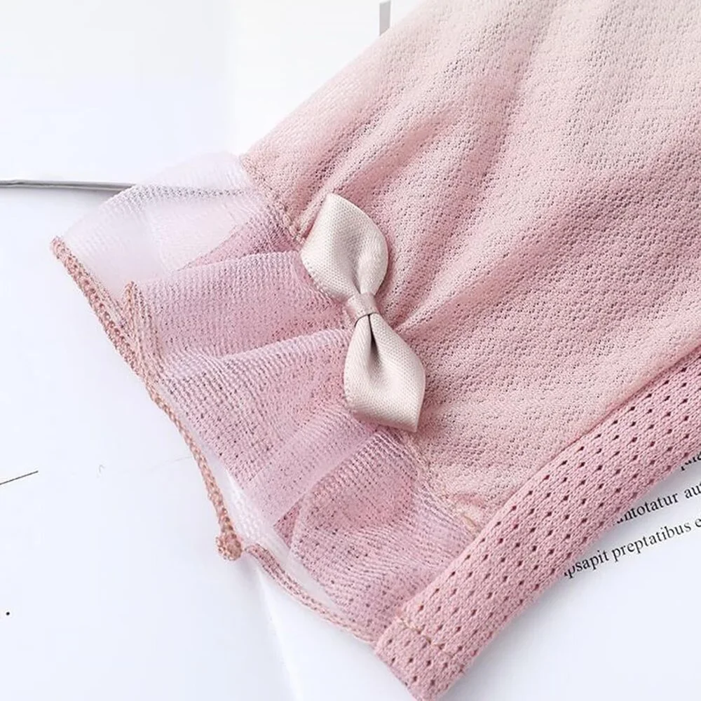 Women's Stylish Bow Short Lace Pink Gloves Fabric Design Summer Protection